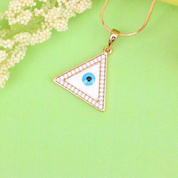 "Triangle Evil Eye Rose Gold Pendant with Cubic Zirconia Border, XPPT1474 - Picture 13 of 13